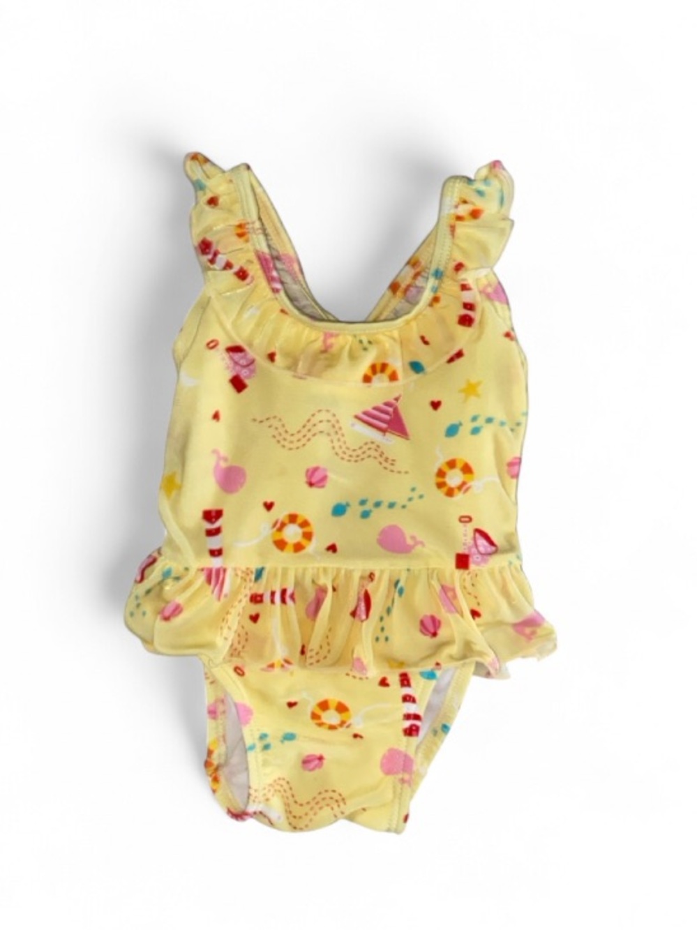 Wonderkids Yellow One-Piece Swimsuit with Ruffle Skirt and Beach Print